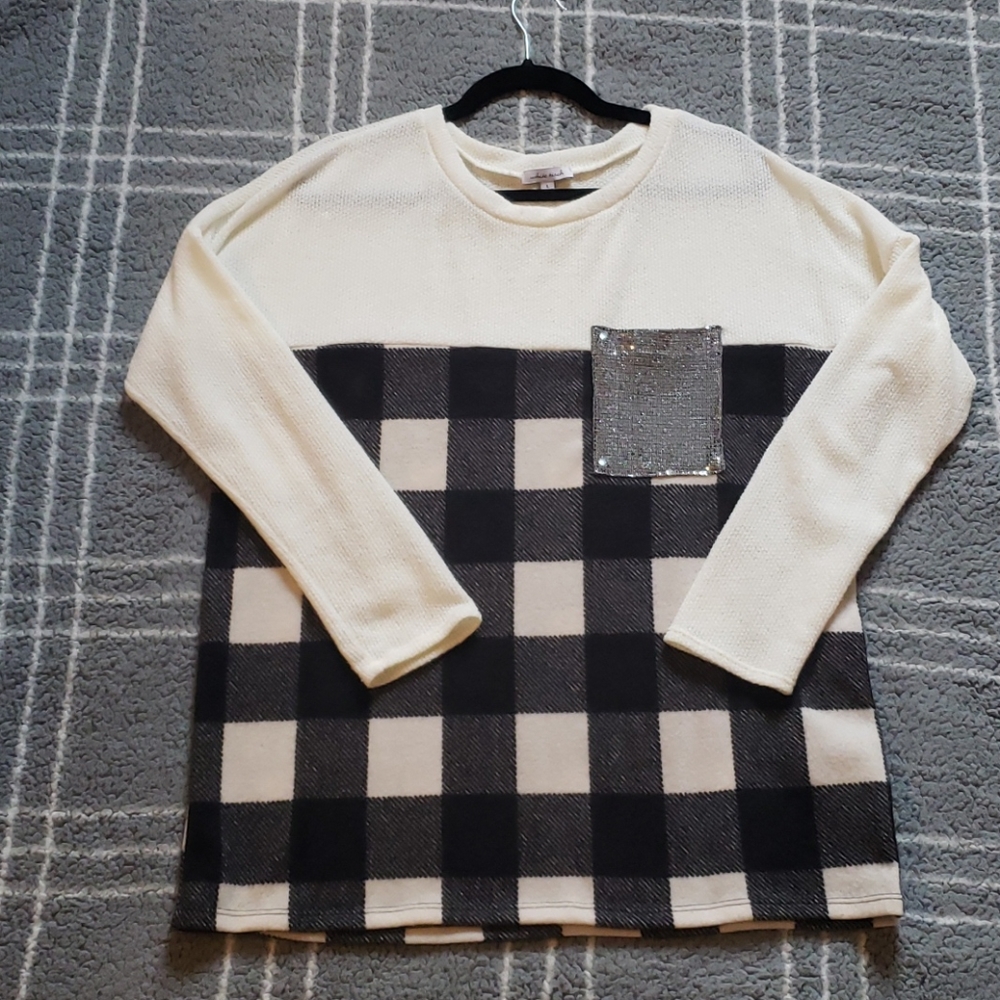White Birch Sweater, large, cream/buffalo chec